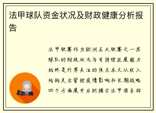 法甲球队资金状况及财政健康分析报告